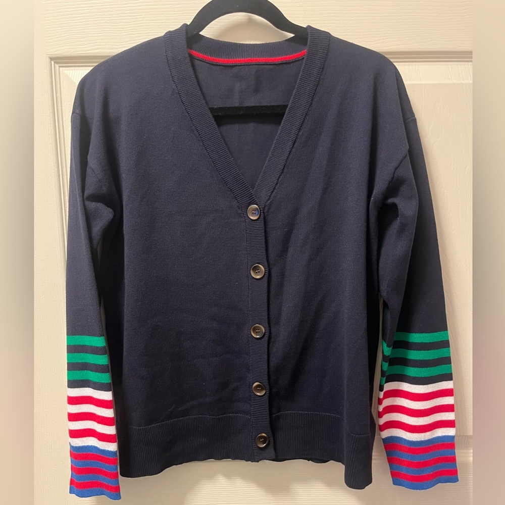 Unbranded Women’s Navy Cardigan with Striped‎ Sleeves. Classic. Preppy Sz SM